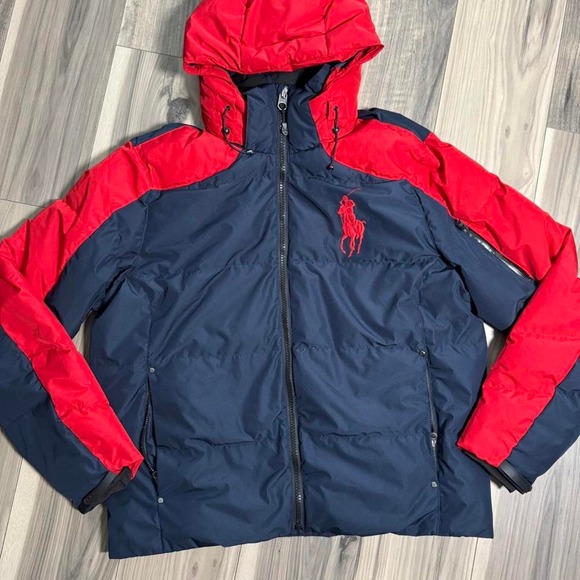 Other - Polo Ralph Lauren red and navy blue puffer jacket with red horse logo, size XL